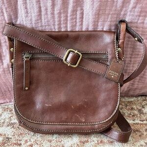 Vintage Fossil LEATHER Crossbody Flap Saddle Bag Dark Brown Shoulder Bag